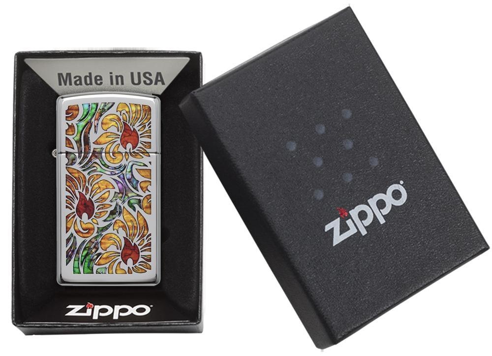 Zippo Slim Fusion Floral High Polish Chrome Pocket Lighter Zippo